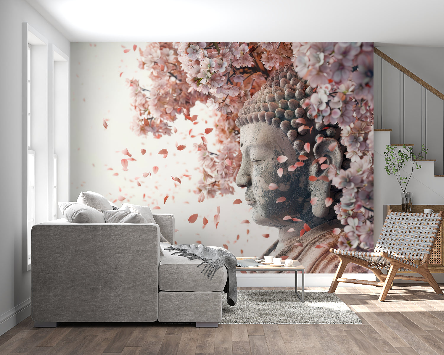 Japanese Buddha wallpaper transforming living room into peaceful sanctuary