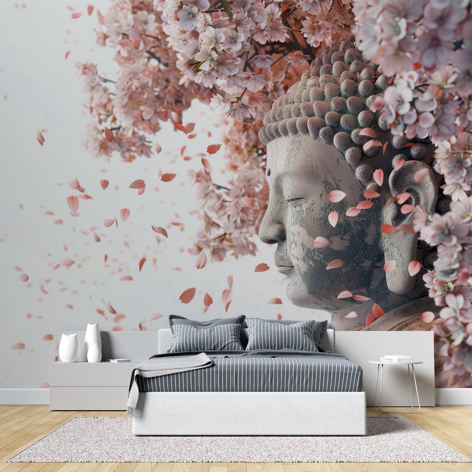Cherry blossom Buddha mural in yoga studio showing scale and impact