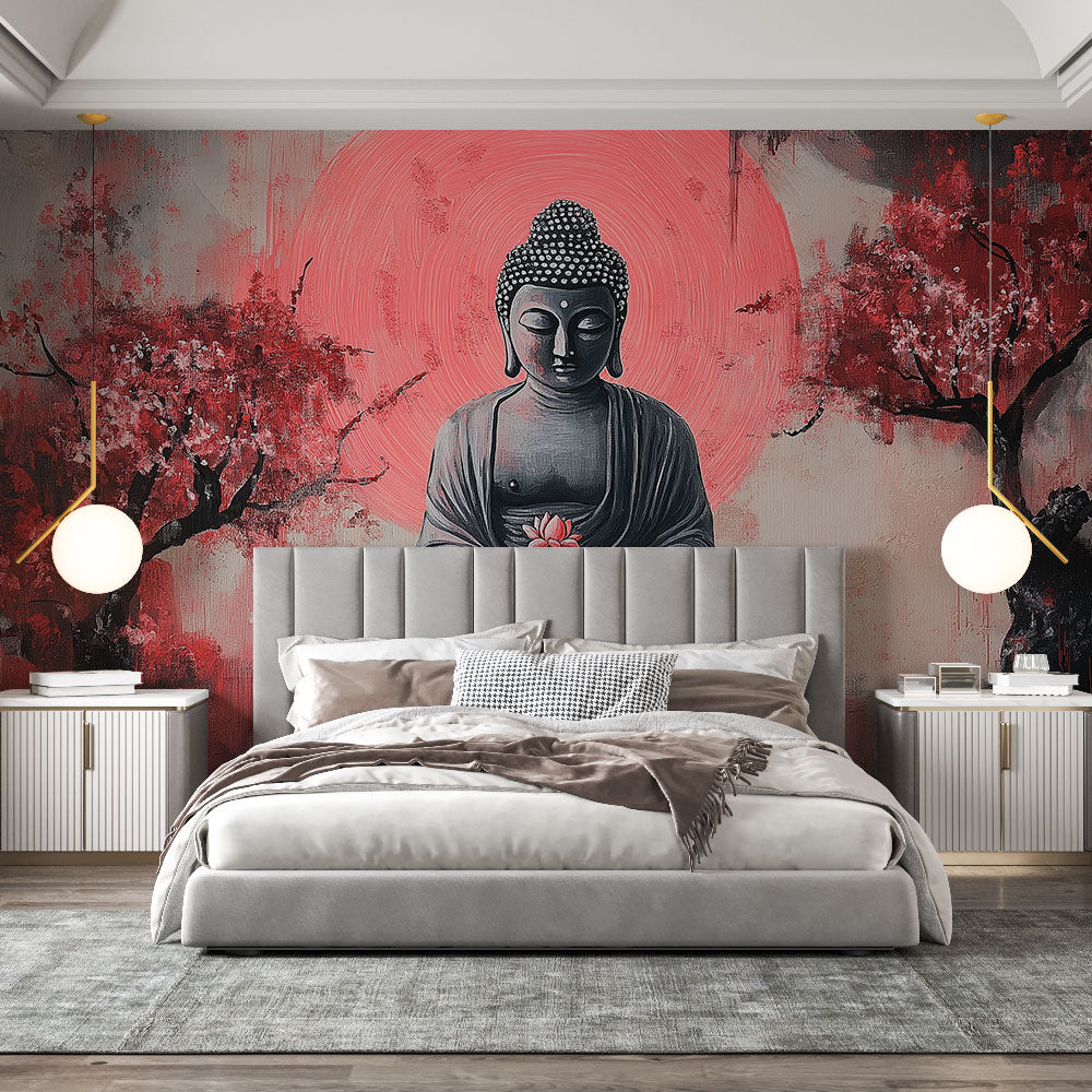 Japanese Buddha wallpaper creating a peaceful atmosphere in a modern meditation room with soft lighting