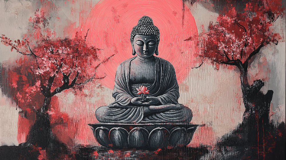 Japanese zen Buddha design file with cherry blossoms and red sun pattern