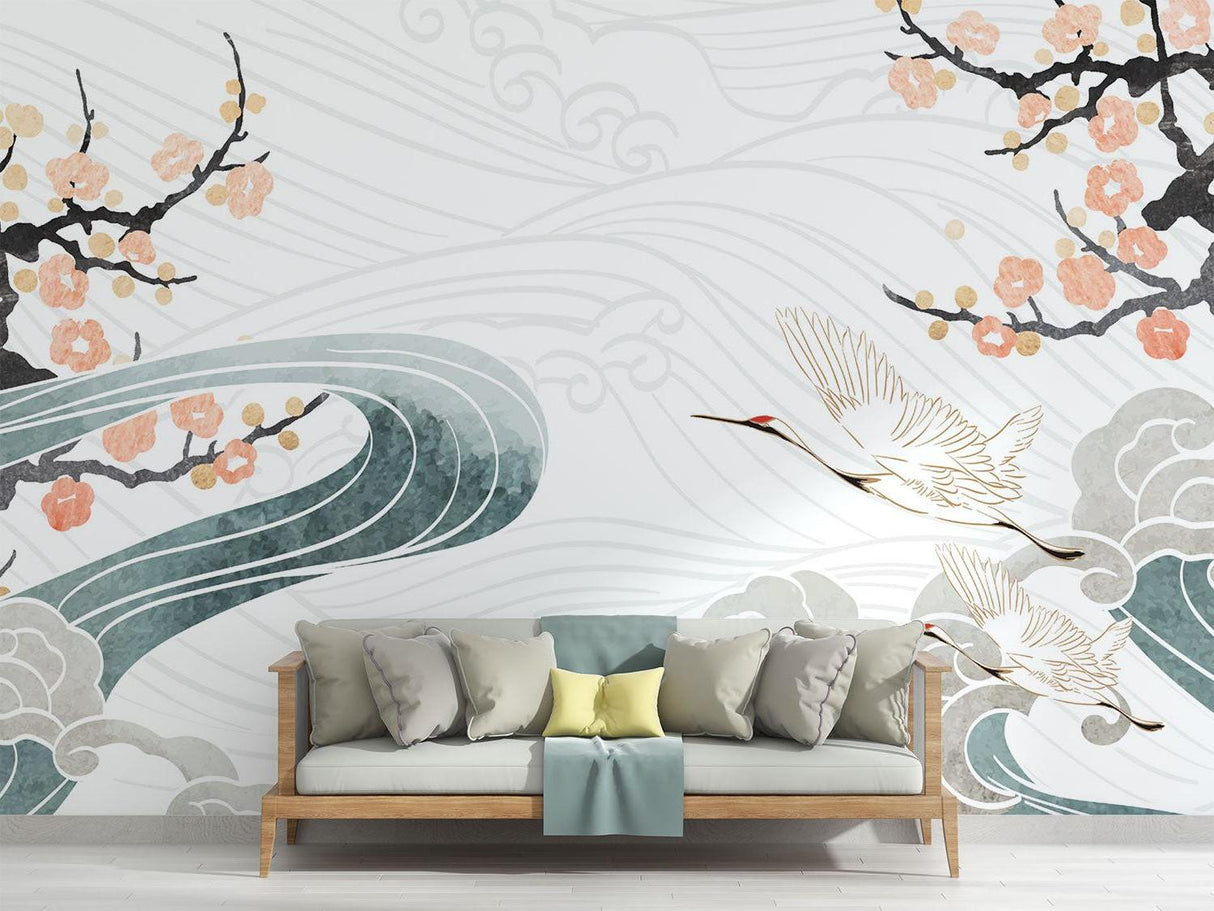 Japanese Cherry Blossom Wallpaper creating zen atmosphere in modern living room with natural light
