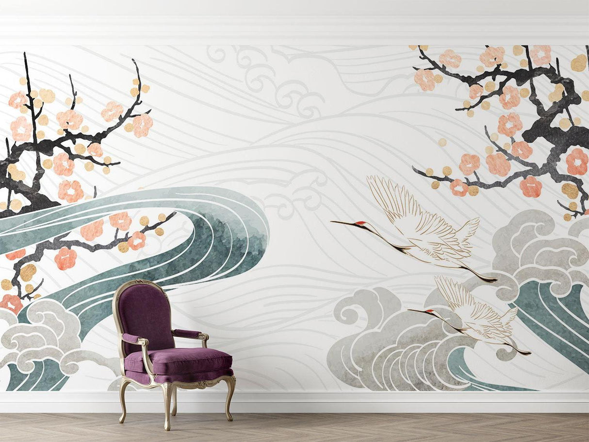 Cherry Blossom and Crane Wallpaper making statement in minimal bedroom