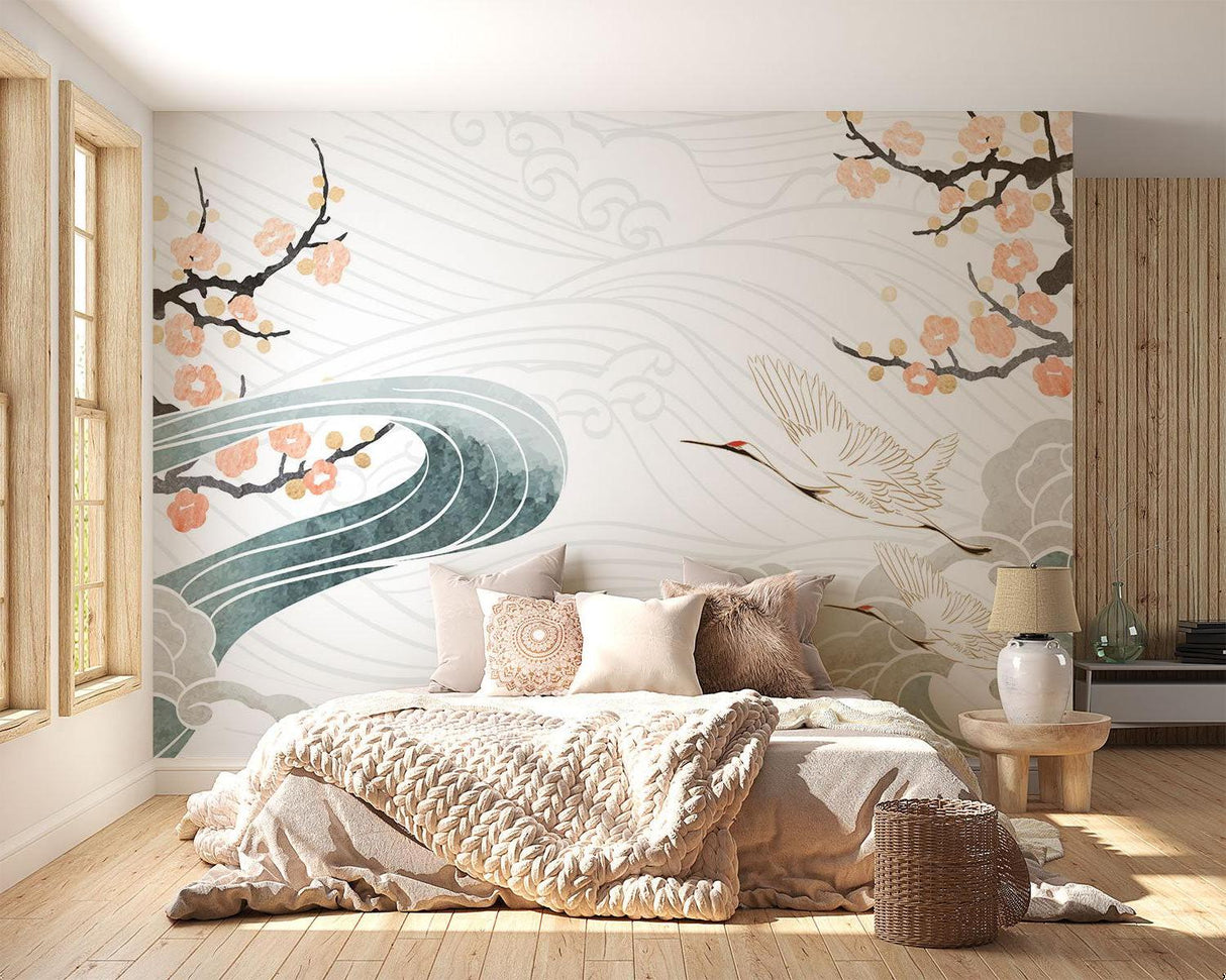 Oriental Cherry Blossom Mural transforming dining room wall