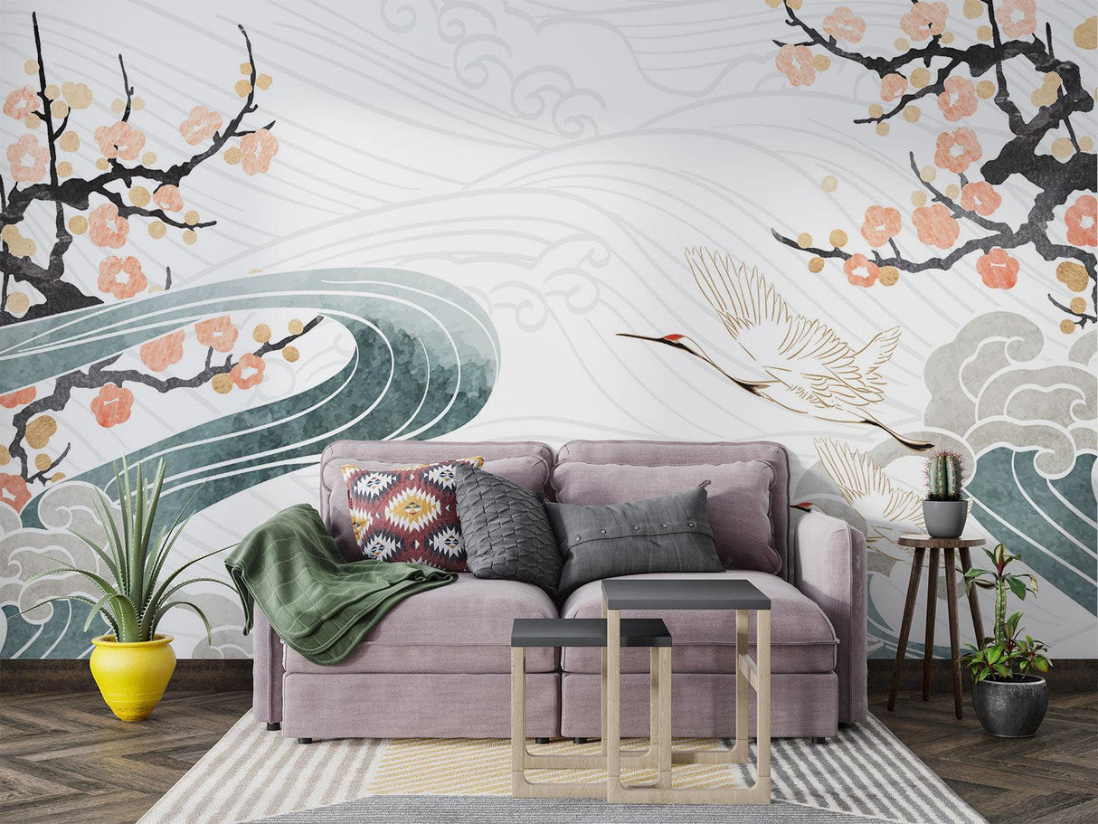 Crane and Cherry Blossom Wallpaper creating focal point in entrance hall