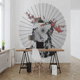 Japanese cherry blossom circle wallpaper creating a stunning focal point in a modern minimalist living room