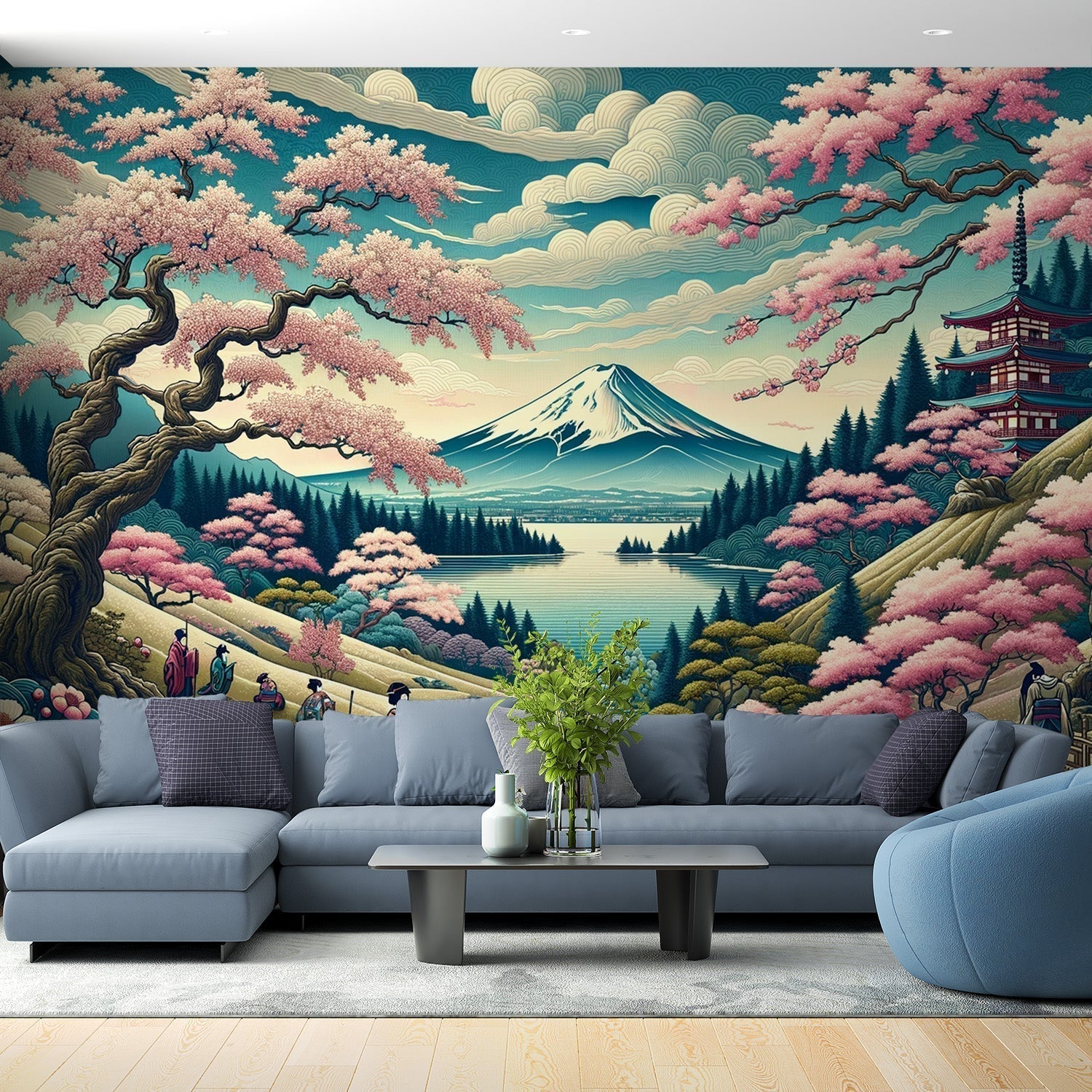 Japanese Mount Fuji wallpaper with cherry blossoms creating a peaceful atmosphere in a modern living room