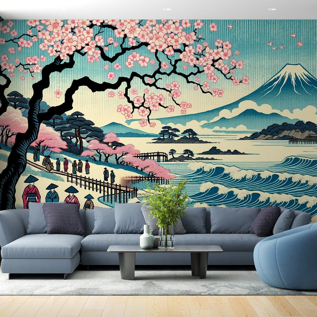Japanese Mount Fuji cherry blossom wallpaper displayed in a modern living room, showing pink sakura blooms against blue mountains