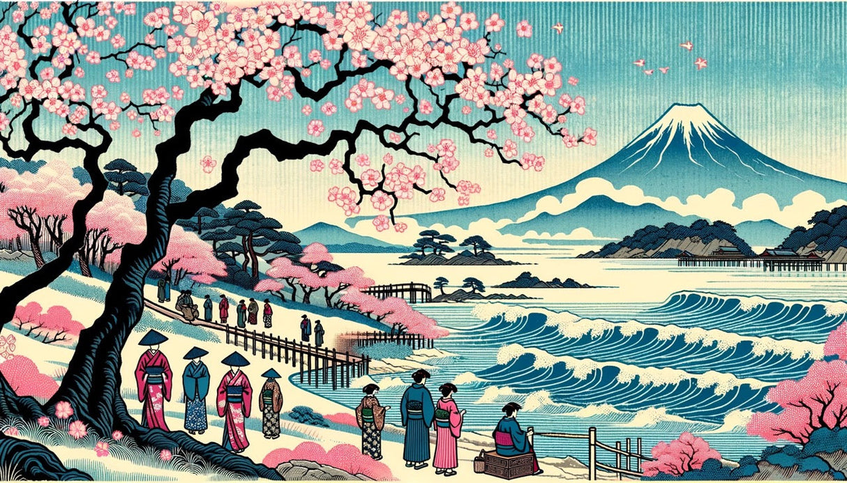 Mount Fuji cherry blossom design file showing detailed Japanese landscape pattern with soft pink sakura flowers