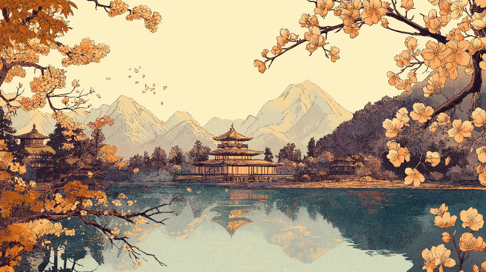 Japanese temple wallpaper with cherry blossoms shown in a modern living room, creating a serene meditation space