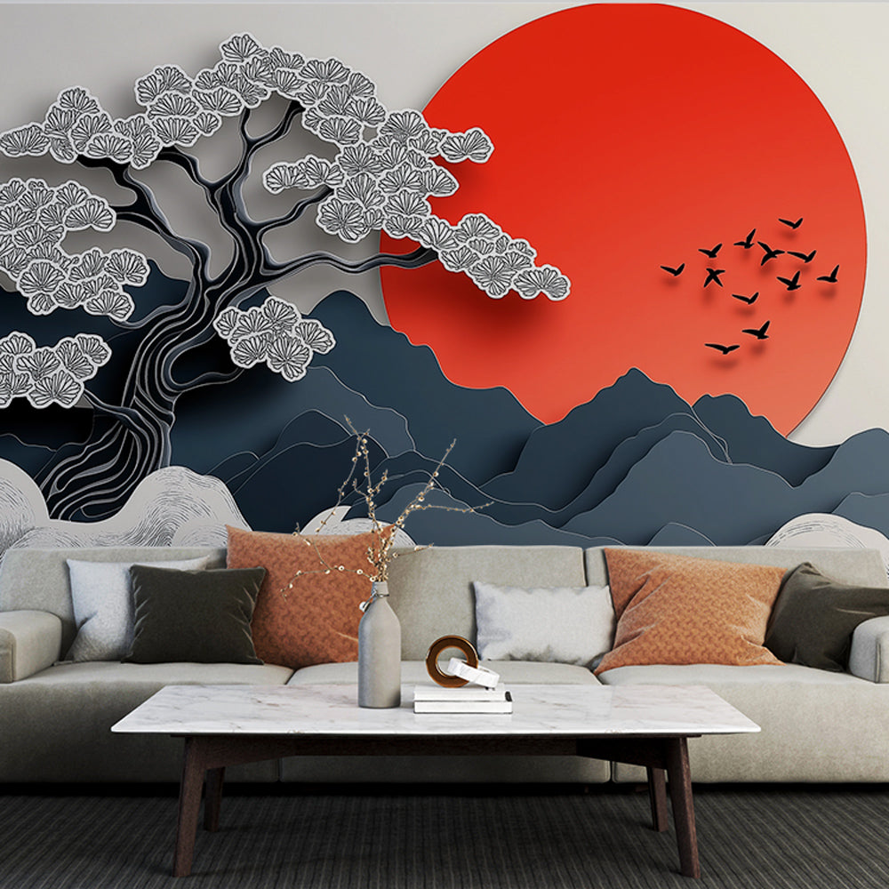 Japanese cherry blossom wallpaper creating a peaceful atmosphere in a modern minimalist living room