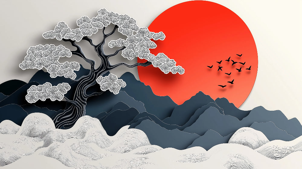 Japanese wall art design file showing detailed cherry blossoms and red sun pattern