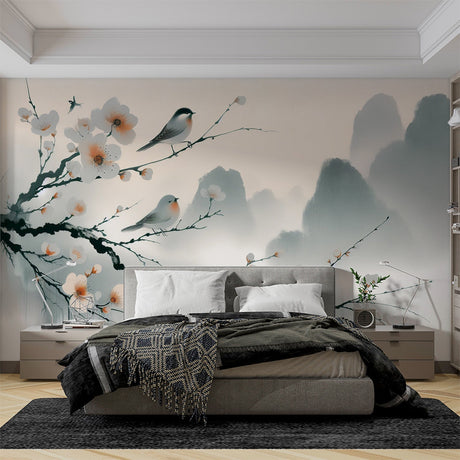 Japanese Cherry Blossom Wallpaper creating a serene atmosphere in a modern living room with minimal furniture