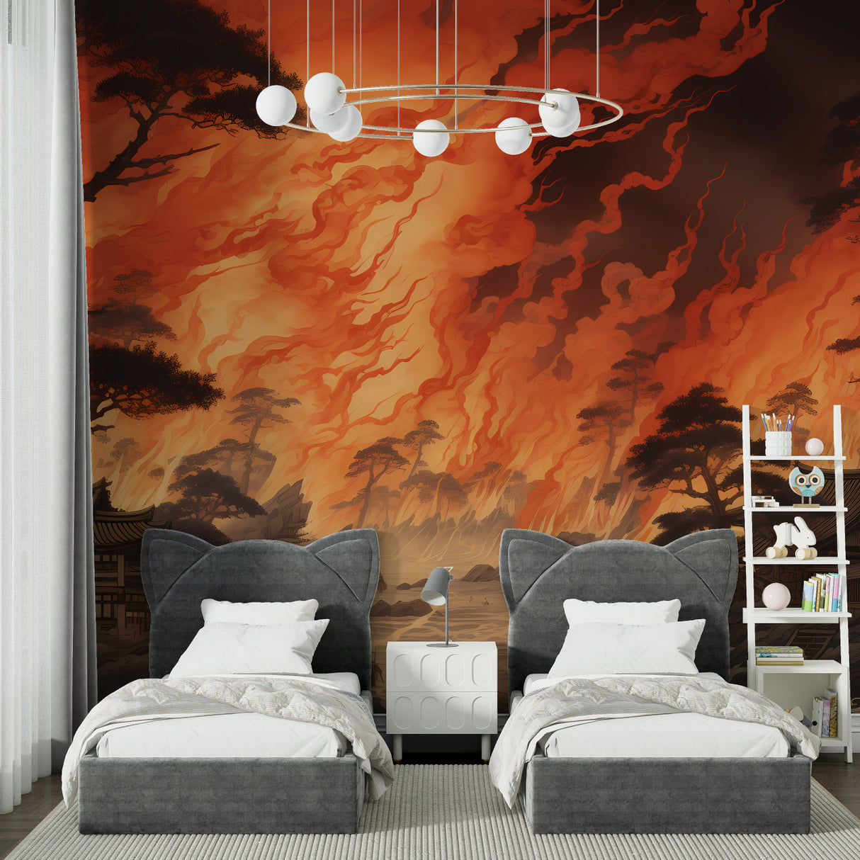 Japanese temple wallpaper creating a stunning focal point in modern living room with orange sunset glow