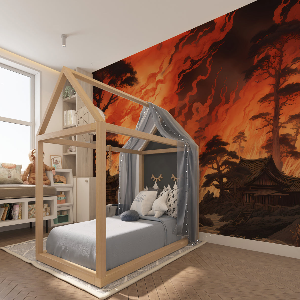 Oriental temple mural wallpaper bringing warmth to minimalist dining room space