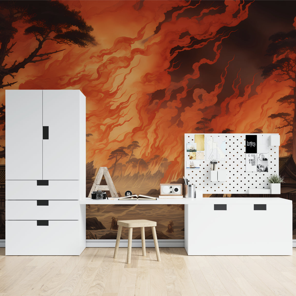 Japanese landscape wallpaper transforming meditation room with sunset temple scene