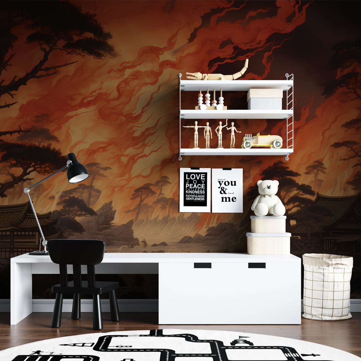 Asian temple wall mural adding depth to bedroom with fiery orange sky