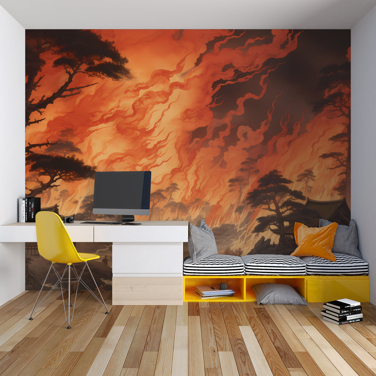 Japanese temple mural making statement in home office with warm sunset colors