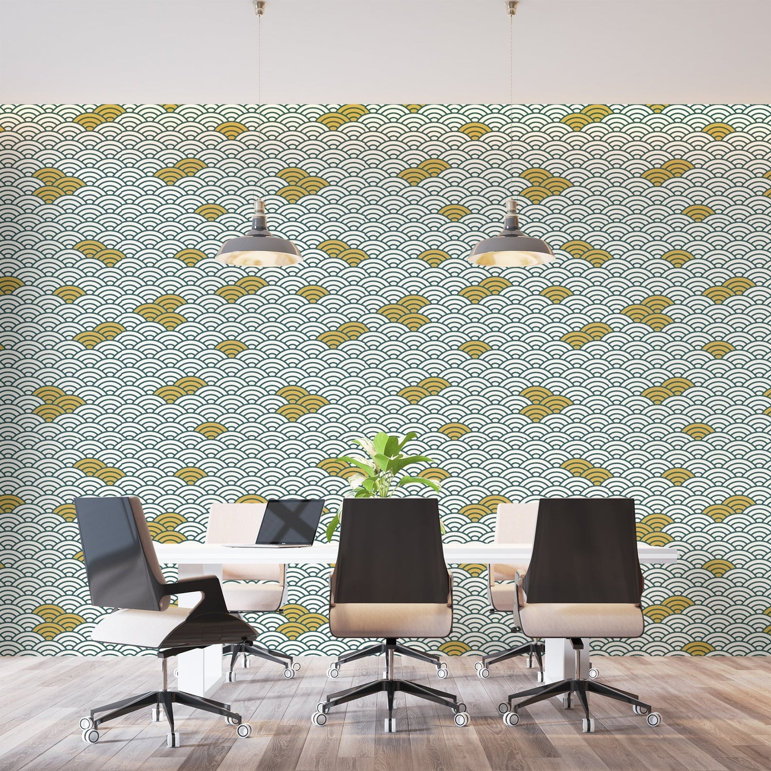 Japanese wave wallpaper bringing zen style to minimalist living room with gold details
