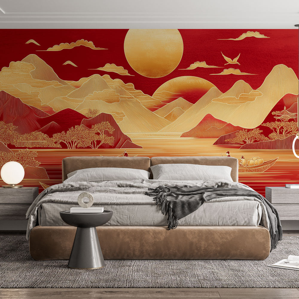 Japanese landscape wallpaper creating a peaceful atmosphere in a modern dining room with golden accents