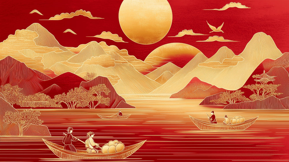 Japanese mountain lake design file showing intricate golden details and crimson sky pattern