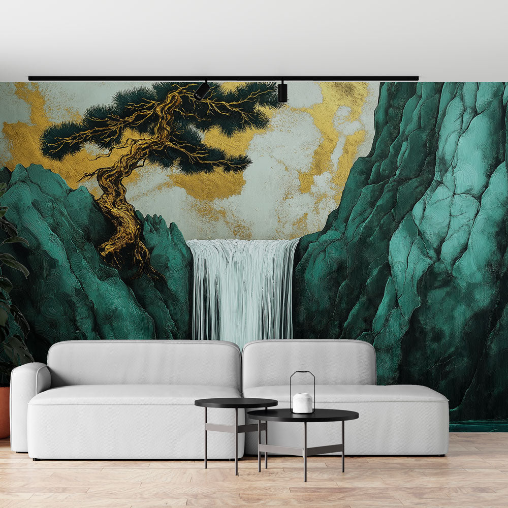 Japanese waterfall wallpaper creating a calm atmosphere in a modern living room with minimalist furniture