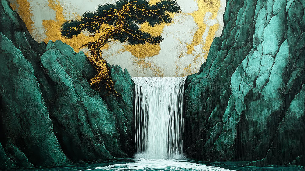 Japanese landscape design file showing golden pine tree and emerald waterfall pattern