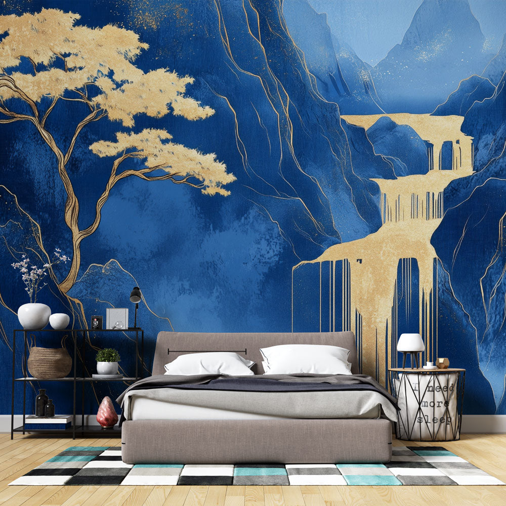 Japanese golden tree wallpaper mural creating a stunning backdrop in a modern living room with minimal furniture
