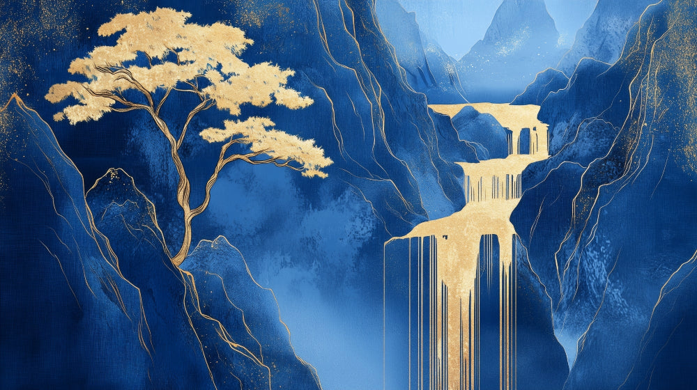 Japanese waterfall design file showing detailed gold and blue pattern with mountain landscape