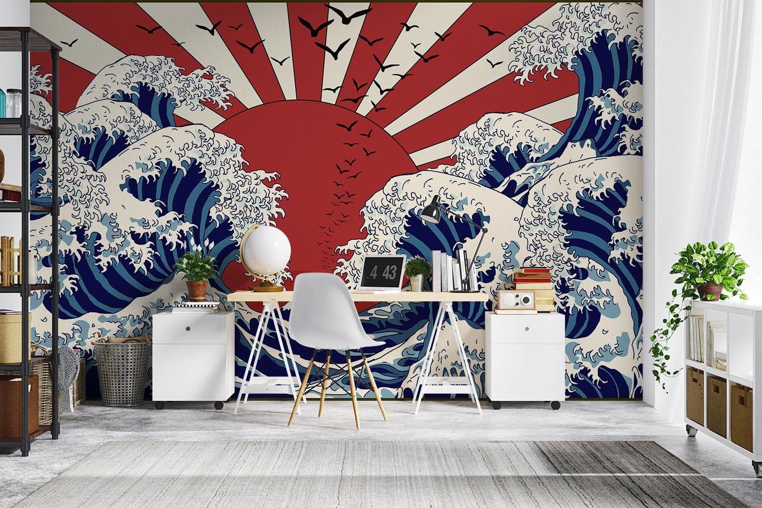 Japanese wave wallpaper creating drama in modern living room with minimal furniture and natural light