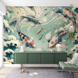 Japanese Koi Fish Wallpaper creating a peaceful atmosphere in a modern minimalist living room with natural light