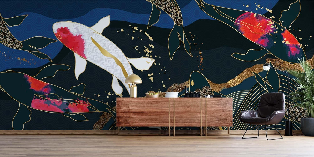 Japanese Koi Fish Wallpaper making a statement in a modern living room with gold accents catching evening light