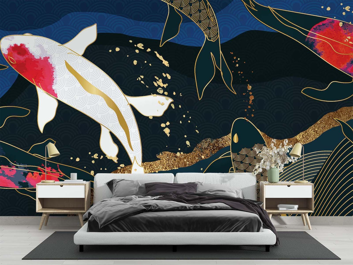 Koi Fish Mural creating zen atmosphere in a minimalist dining room with navy and gold tones