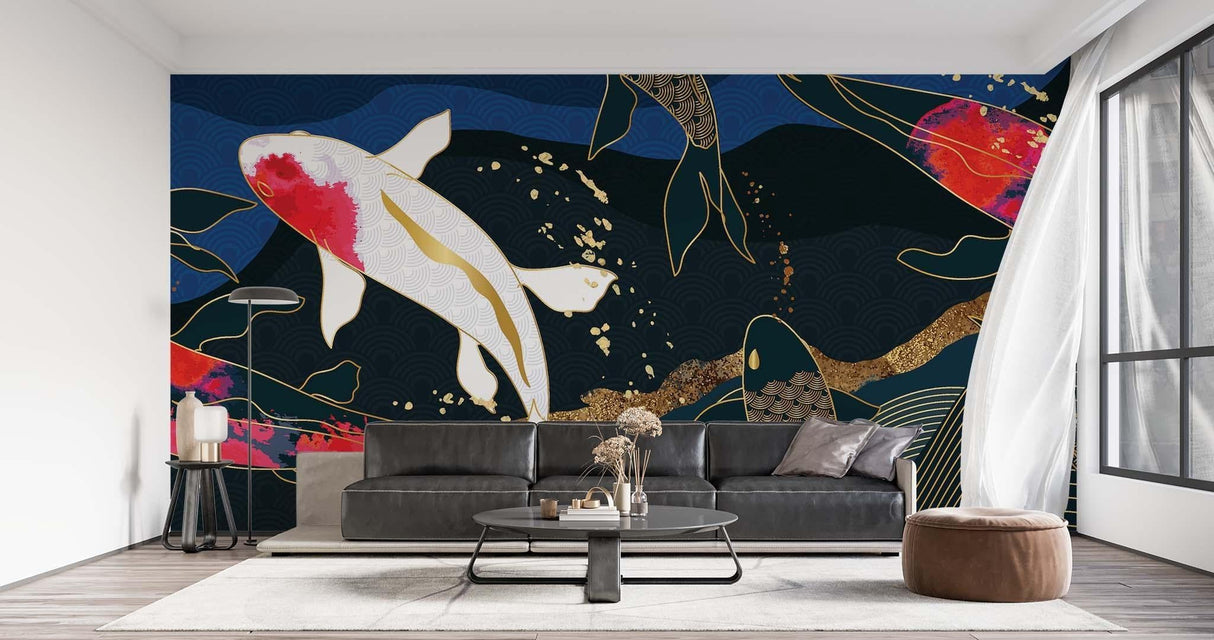 Oriental Fish Wallpaper transforming a home office with its calming underwater scene