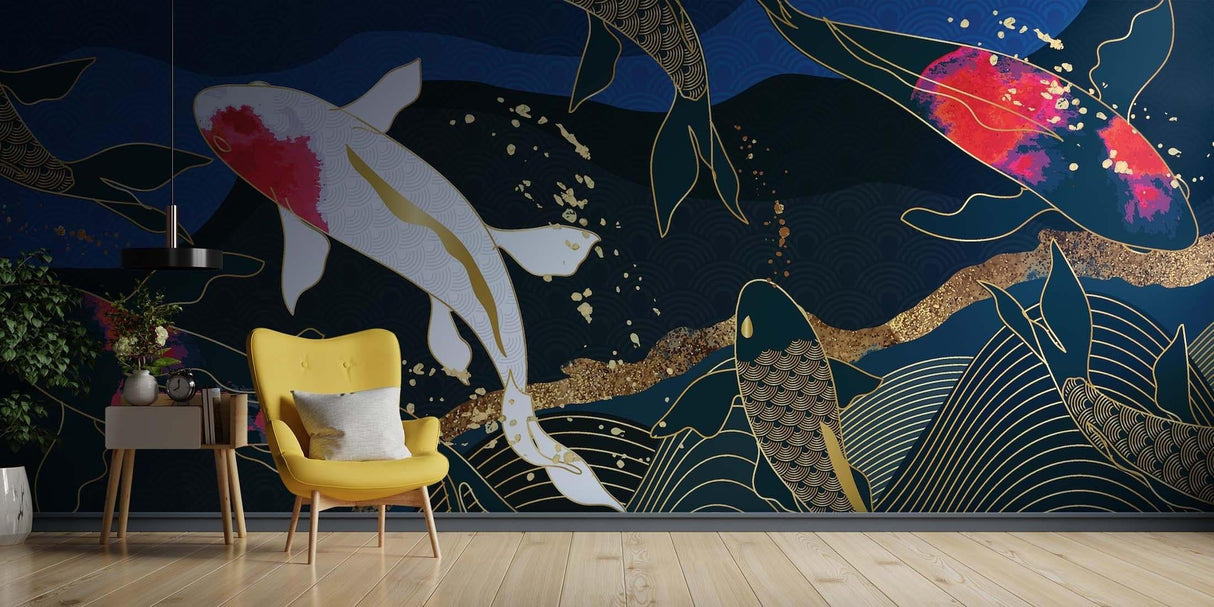 Japanese style mural bringing movement to a master bedroom with swimming koi design