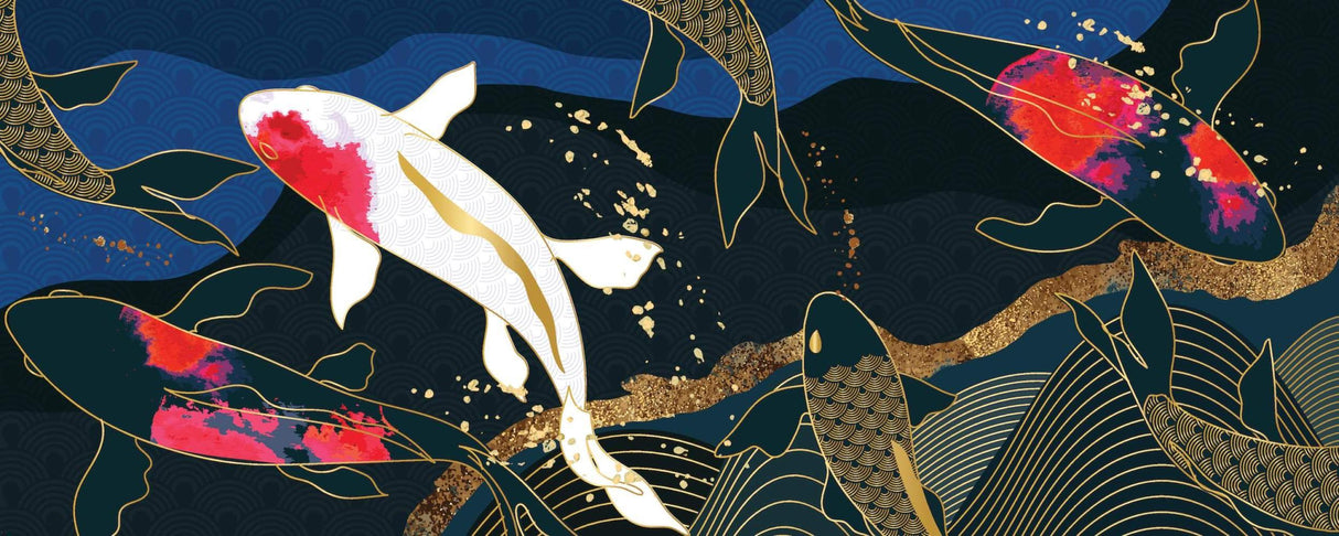 Koi Fish Wallpaper design file showing detailed gold accents and wave patterns on navy background