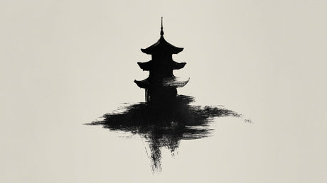 Minimalist Japanese pagoda design file showing detailed black brushstrokes on beige background