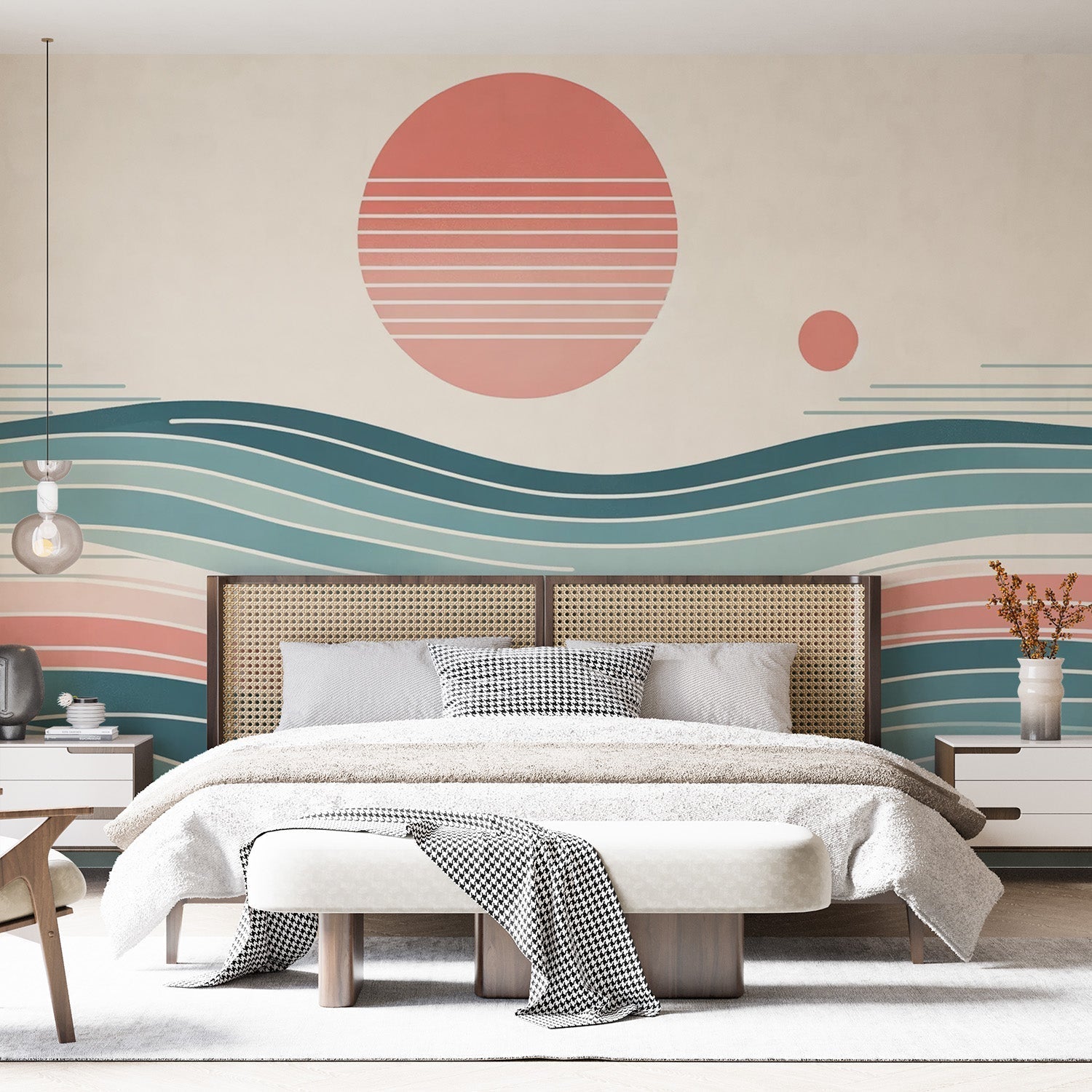 Japanese wave wallpaper creating a serene atmosphere in a modern minimalist living room with natural light