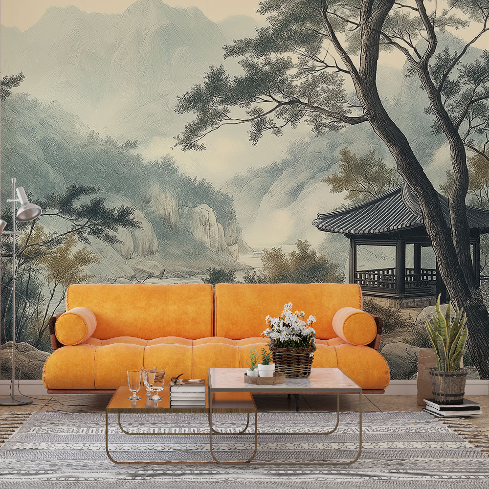 Japanese pagoda wallpaper mural styled in modern living room, showing misty mountain landscape creating depth
