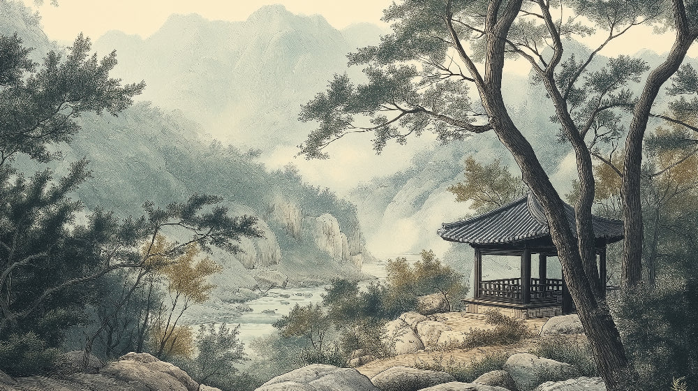 Japanese mountain landscape design file showing pagoda and misty peaks in detail