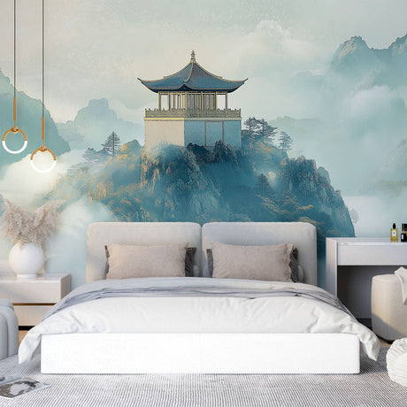 Japanese temple wallpaper creating a serene atmosphere in a modern living room with minimal furniture