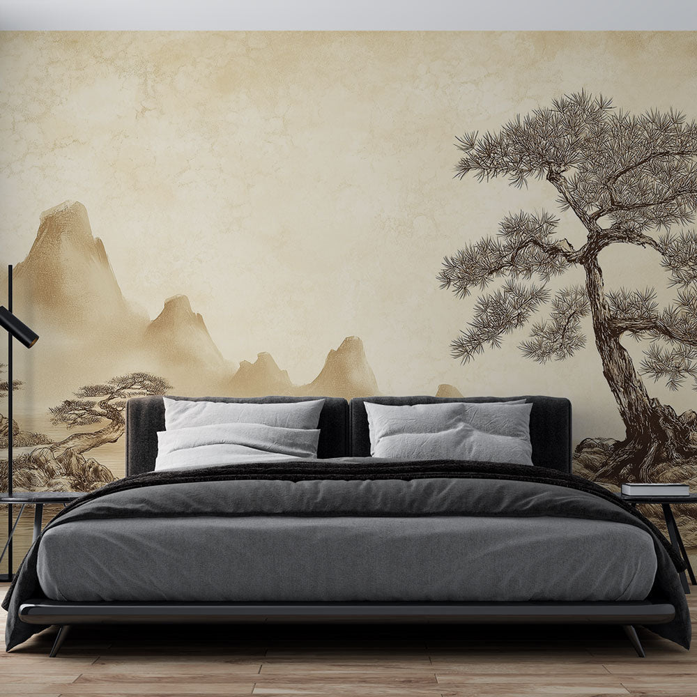 Japanese mountain wallpaper creating a serene atmosphere in a modern living room with minimal furniture
