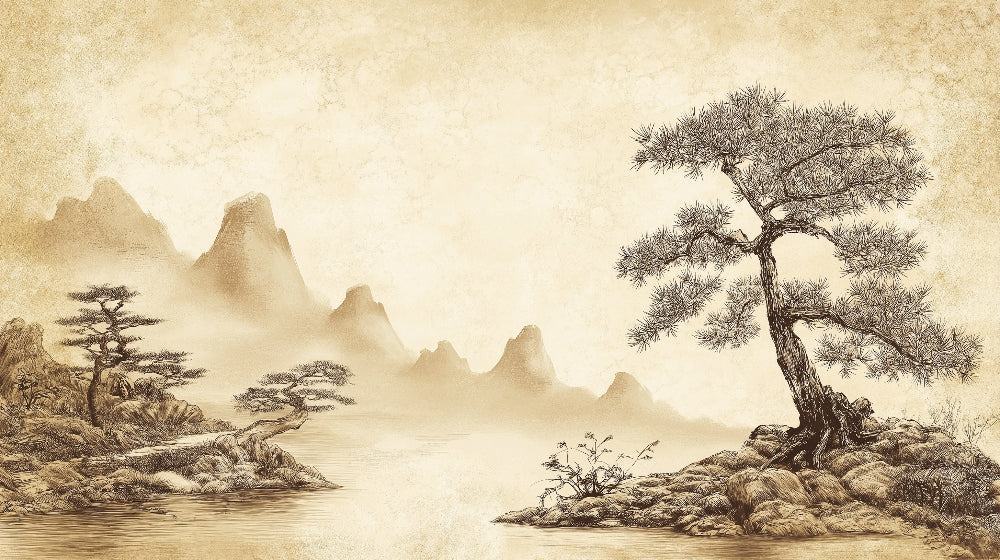 Japanese landscape design file showing detailed misty mountains and pine trees pattern