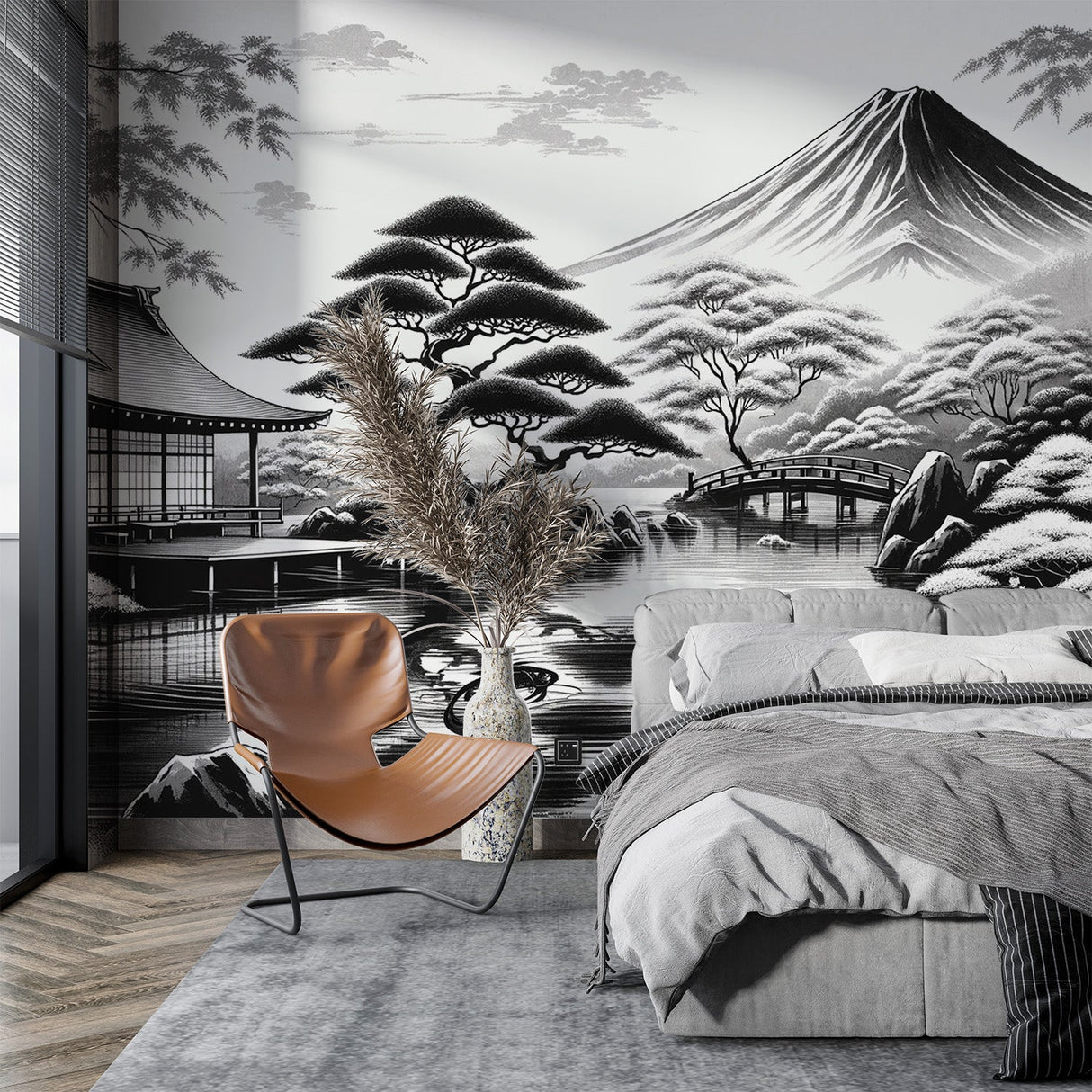 Monochrome Japanese Mount Fuji wallpaper creating a serene atmosphere in a modern living room setting
