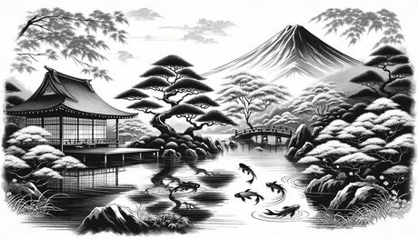 Mount Fuji and Zen Garden wallpaper design file showing detailed monochrome pattern