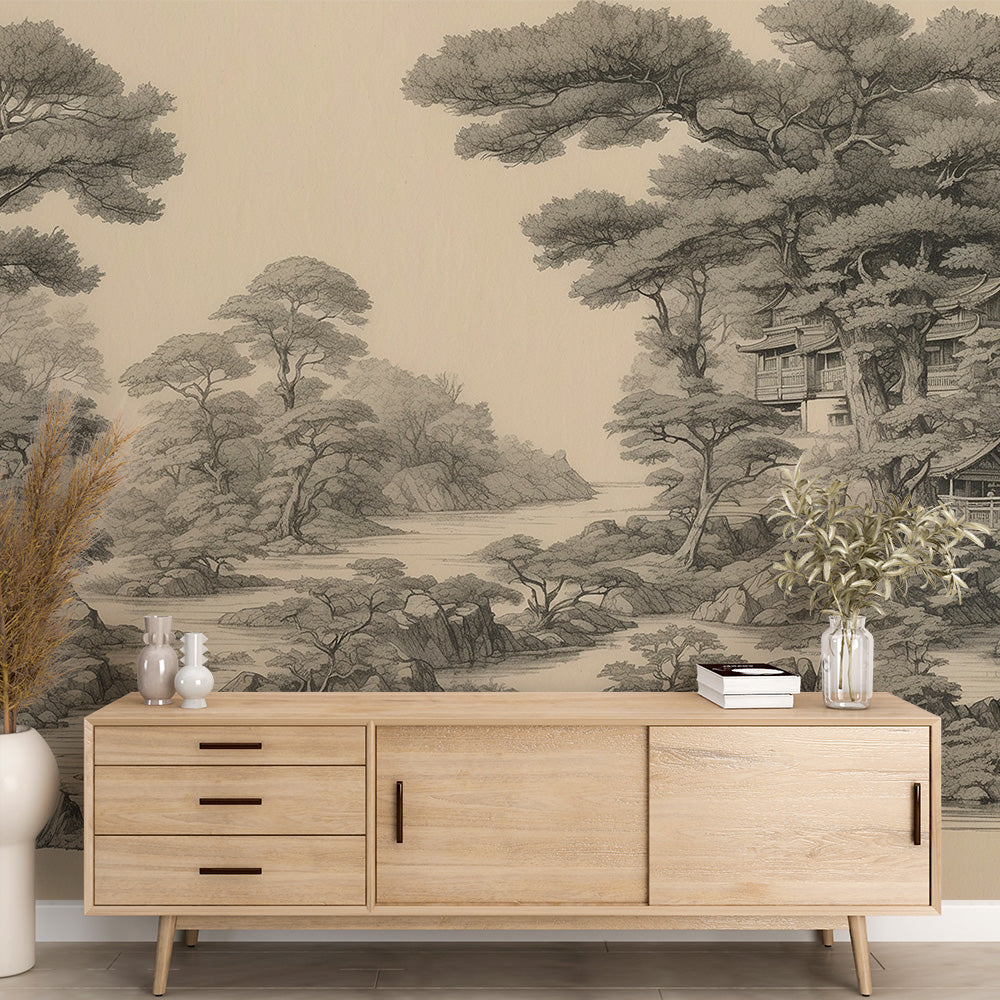 Japanese landscape wallpaper creating a serene atmosphere in a modern living room with minimalist furniture
