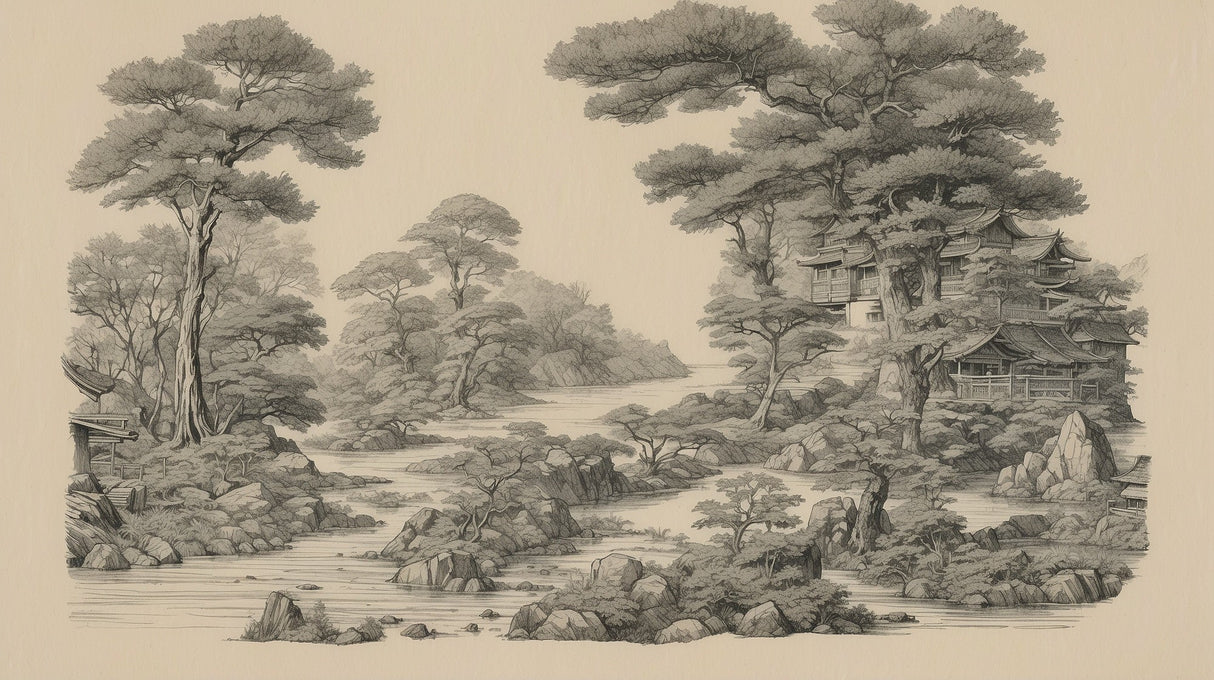 Monochrome Japanese landscape design file showing intricate ink wash painting style