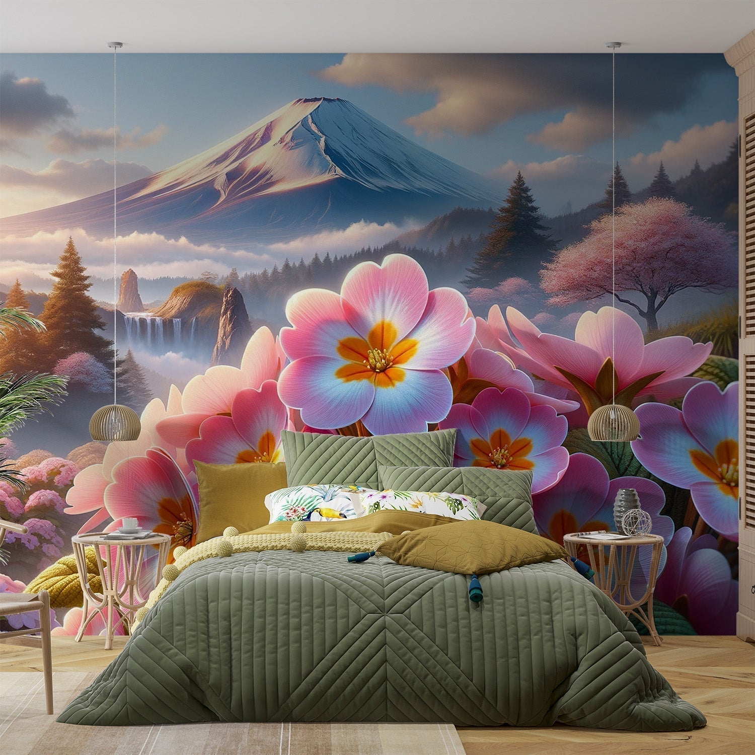 Japanese Mount Fuji wallpaper with cherry blossoms creating a peaceful atmosphere in a modern living room