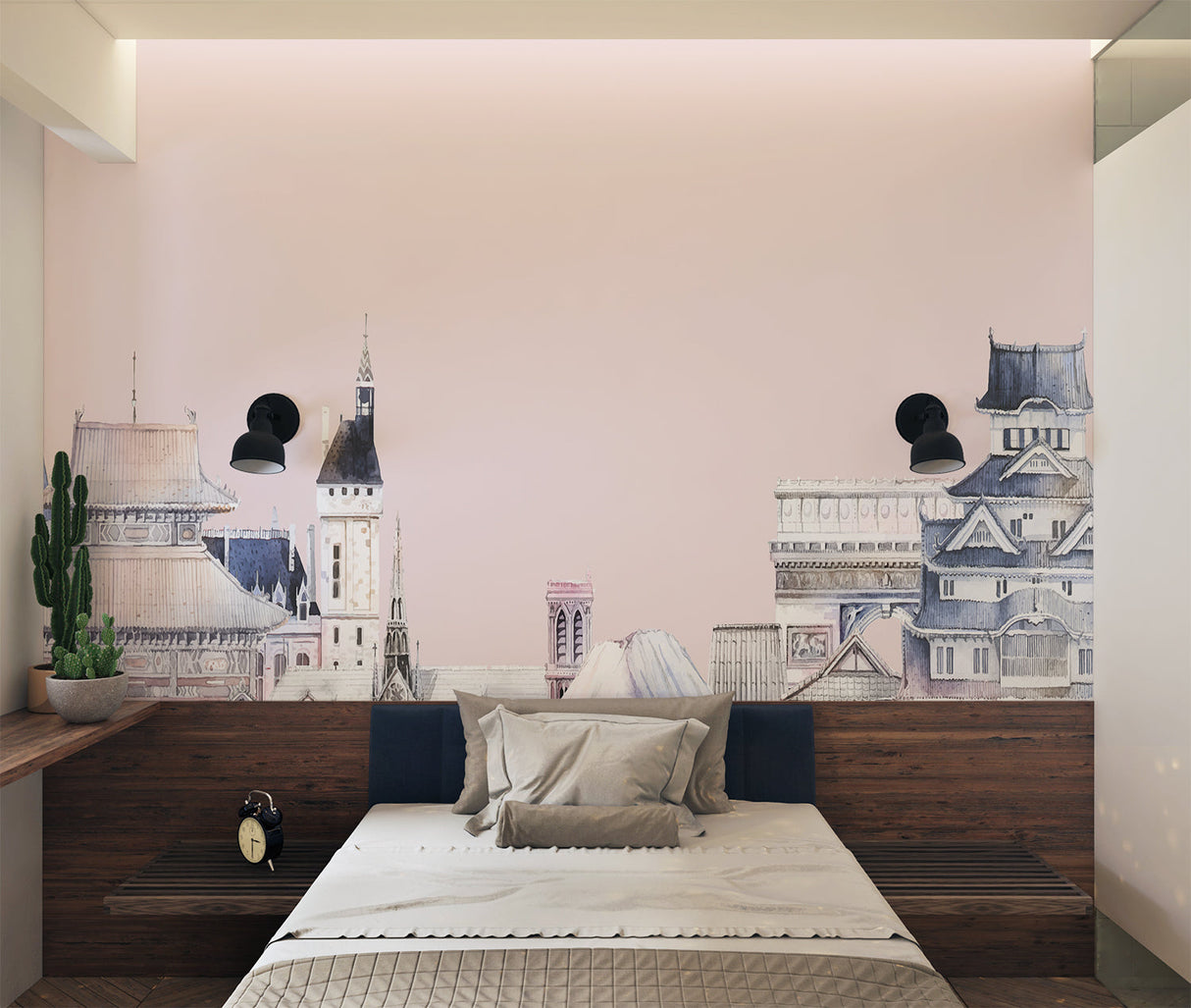 Japanese temple wallpaper mural in modern minimalist living room with clean lines and natural light