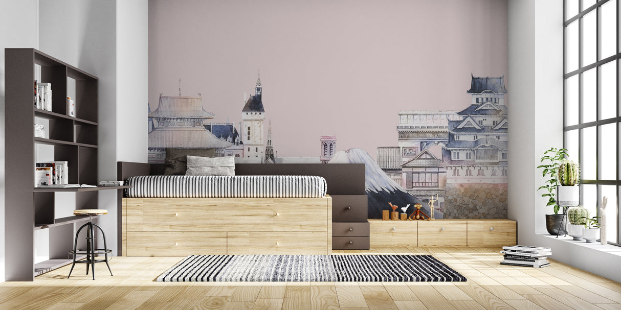 Mount Fuji mural wallpaper creating zen atmosphere in contemporary dining room