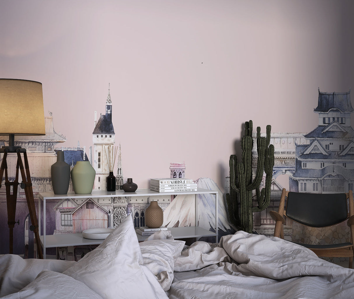 Japanese architecture wallpaper adding cultural touch to meditation room